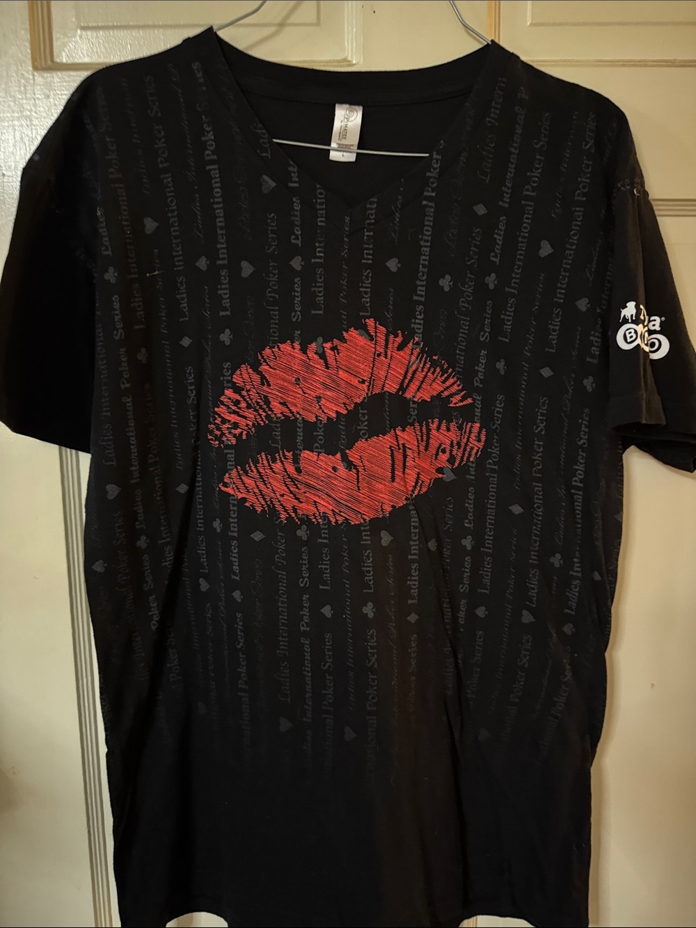 Black Men's V-Neck Tee with Red Lip Graphic
